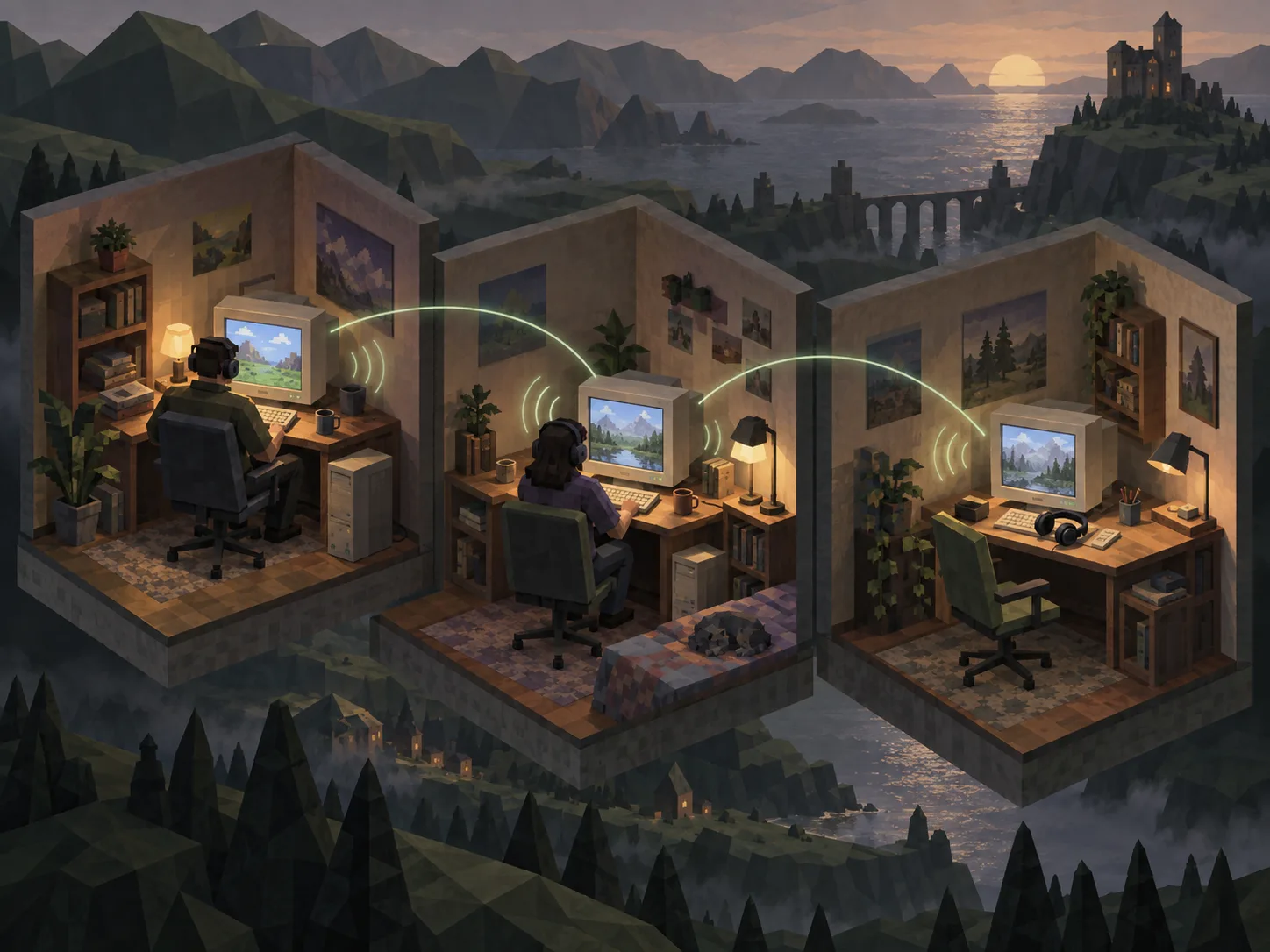 Mehrere kleine Computerräume als Low-Poly-Diorama, verbunden durch Lichtlinien.