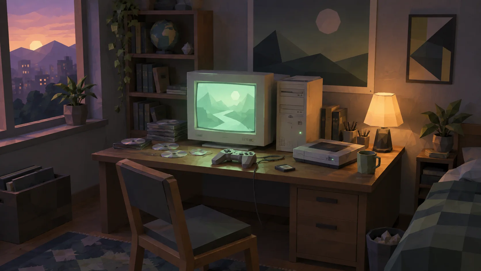Polygonaler Computerarbeitsplatz der 90er mit Röhrenmonitor, Controller und Memory Card.