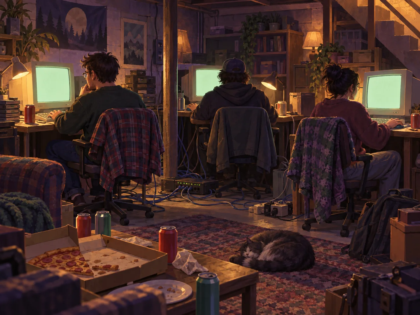 Illustrierte Keller-LAN mit drei Erwachsenen an Röhrenmonitoren, Netzwerkkabeln und Pizza.